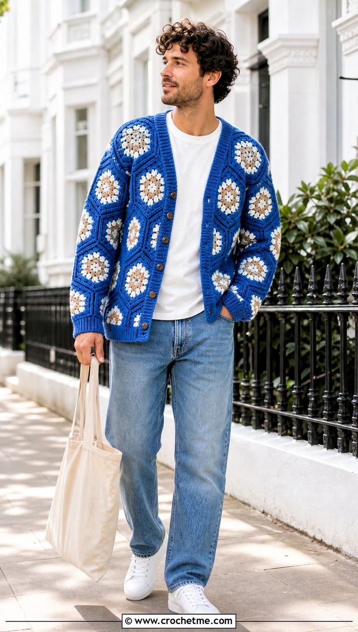 Granny Stitch Hexagon Cardigan With White T Shirt And Jeans - 35 men hexagon crochet cardigan outfit ideas