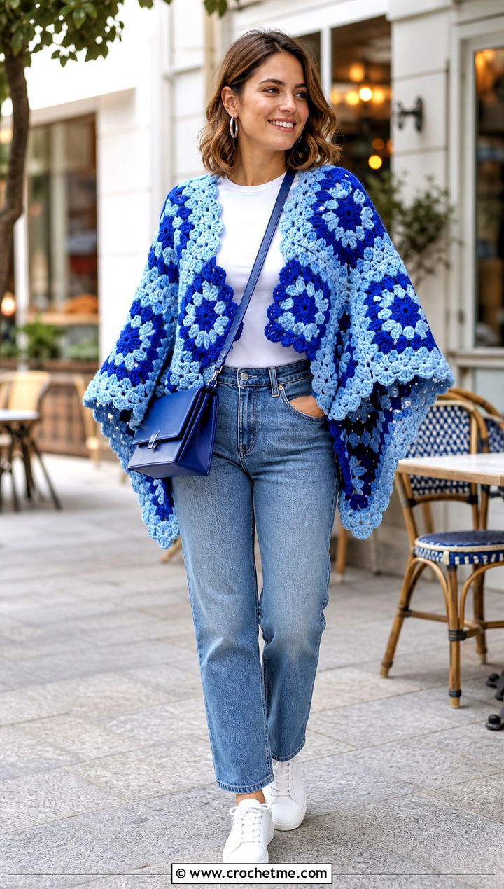 Granny Stitch Hexagon Crochet Poncho With Straight Jeans - 20 Hexagon Crochet Poncho outfit ideas