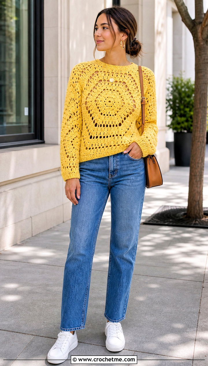Granny Stitch Hexagon Jumper With Straight Leg Jeans - 30 crochet hexagon jumper outfit ideas