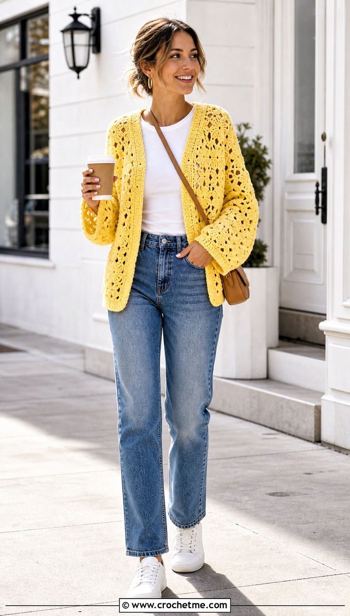 Granny Stitch Hexi Crochet Cardigan With Straight Leg Jeans - 35 hexi crochet cardigan outfit ideas