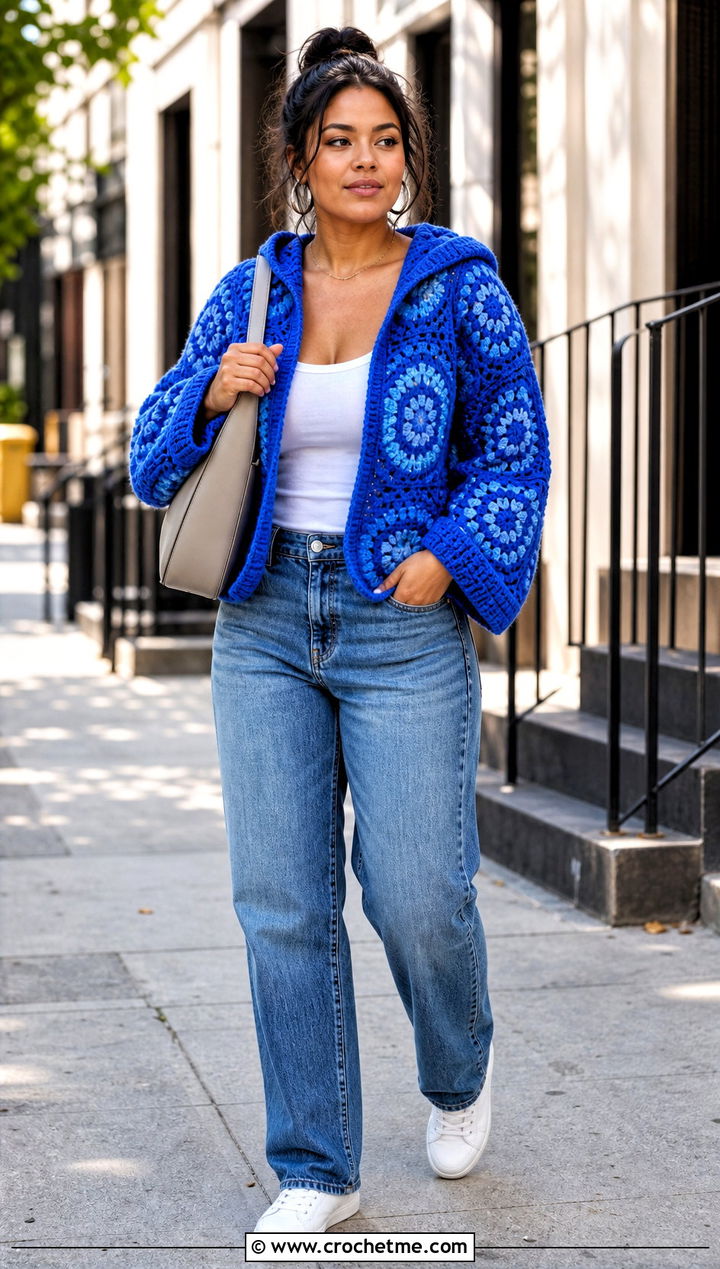 Granny Stitch Hexi Crochet Hoodie With Straight Leg Jeans - 20 hexi crochet hoodie outfit ideas