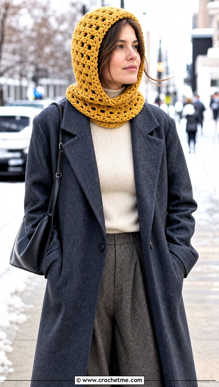 Granny Stitch Hood Hat With Long Coat - 25 granny stitch crochet hat outfit ideas