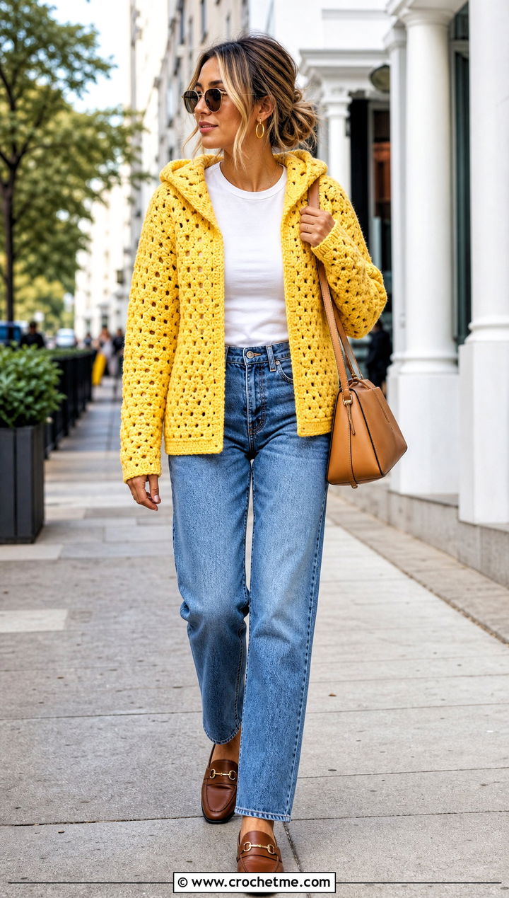 Granny Stitch Hooded Crochet Cardigan With Straight Leg Jeans - 35 hooded crochet cardigan outfit ideas