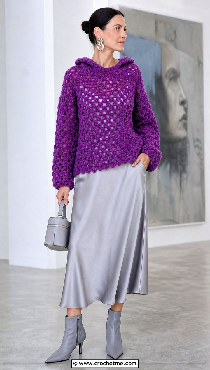 Granny Stitch Hooded Crochet Sweater With Satin Slip Skirt - 25 Hooded Crochet Sweater outfit ideas