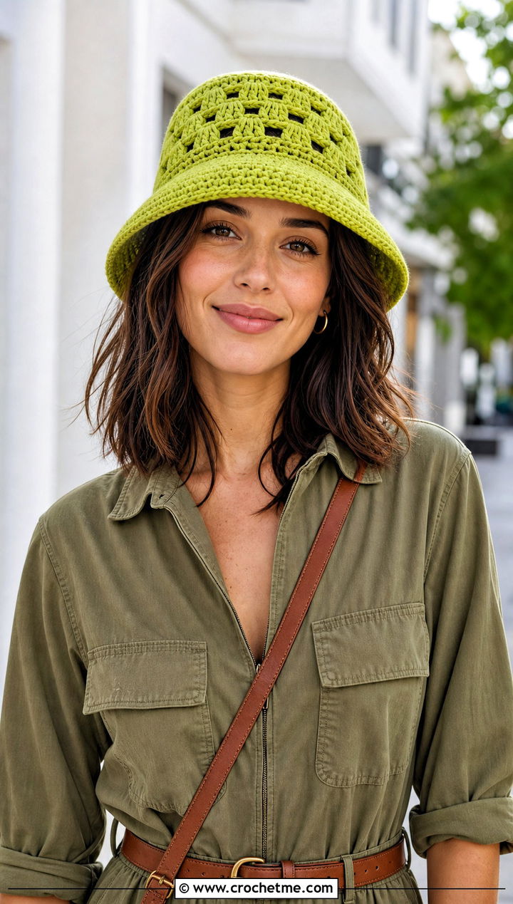 Granny Stitch Knit Look Crochet Bucket Hat With Utility Jumpsuit - 25 Knit Look Crochet Hat outfit ideas