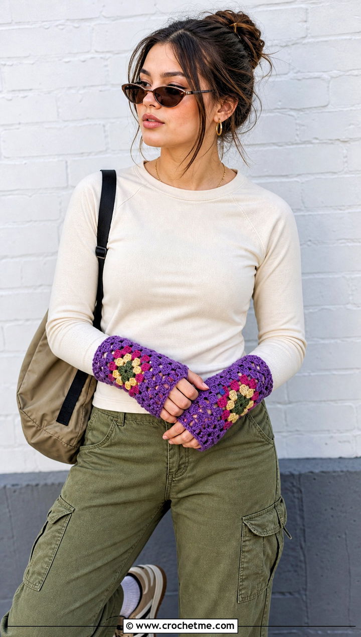 Granny Stitch Lace Hand Warmers With Cargo Pants - 20 Crochet Lace Hand Warmers outfit ideas