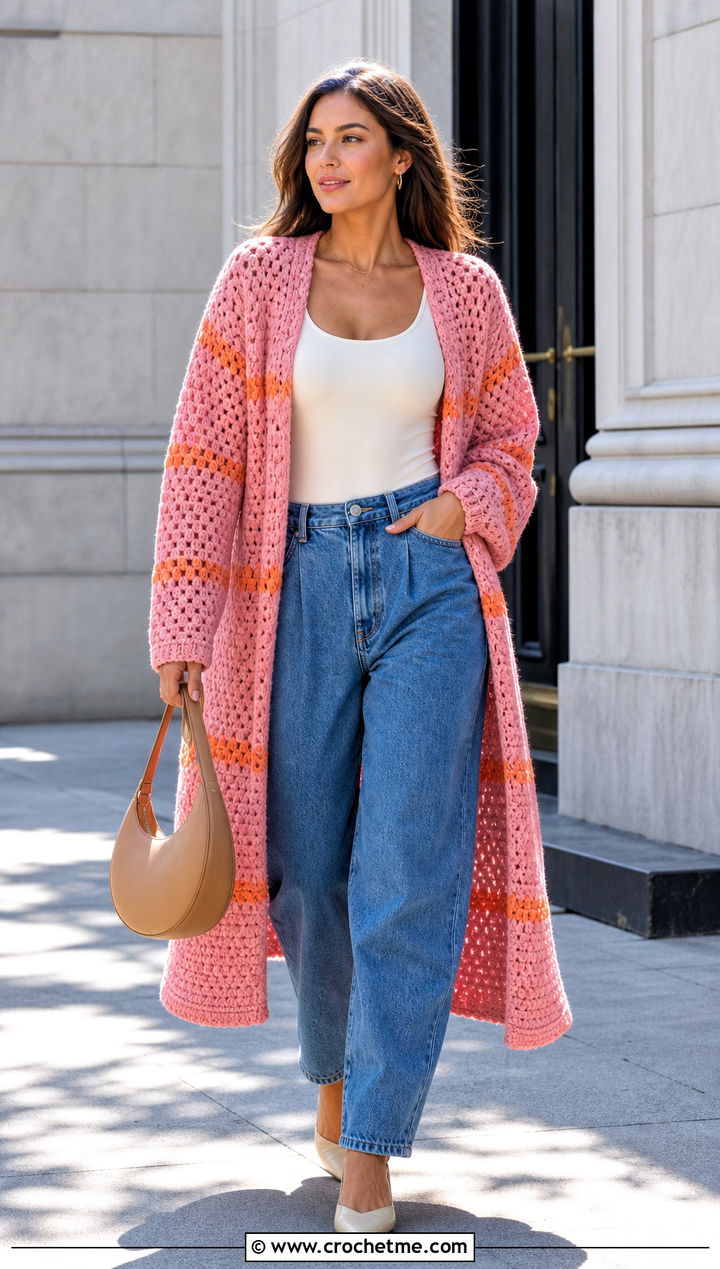Granny Stitch Long Cardigan With Barrel Jeans - 35 long granny square cardigan outfit ideas