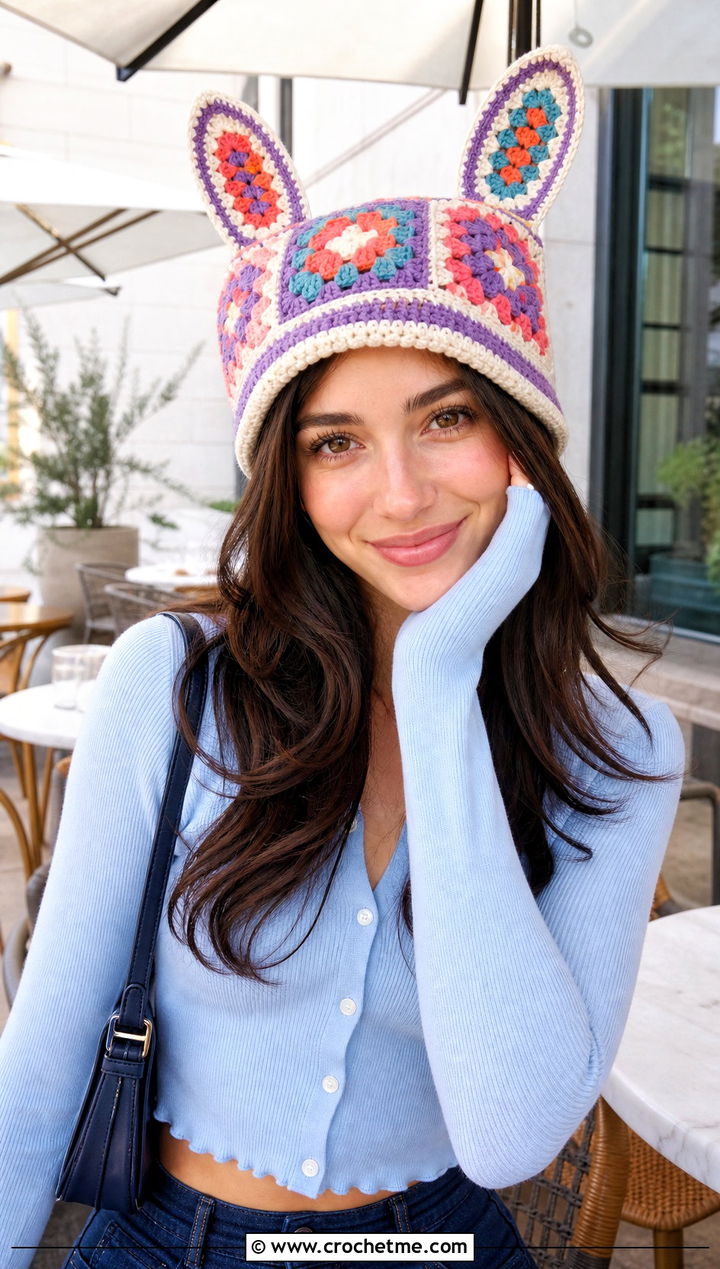 Granny Stitch Louise Crochet Bunny Ear Hat With Cardigan And Denim Skirt - 25 Louise Crochet Hat outfit ideas