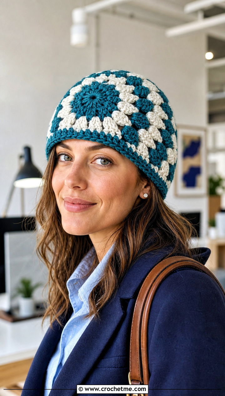Granny Stitch Mandala Crochet Beanie With Blazer - 20 Mandala Crochet Beanie outfit ideas