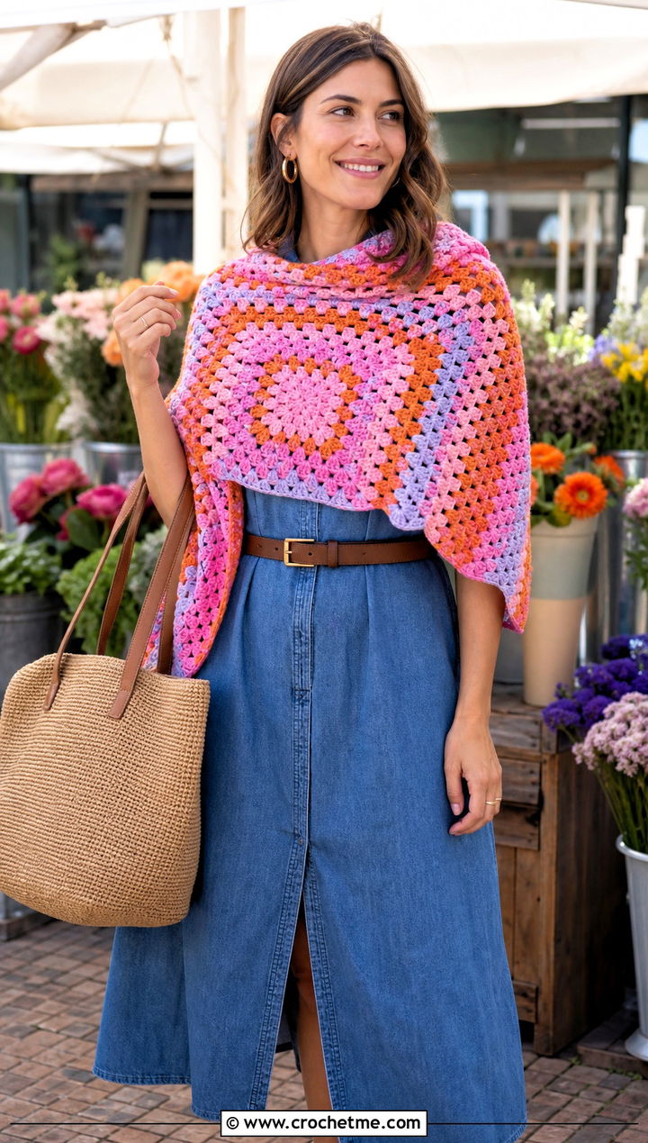 Granny Stitch Mandala Yarn Crochet Shawl With A Denim Dress - 15 Crochet Shawl Mandala Yarn outfit ideas