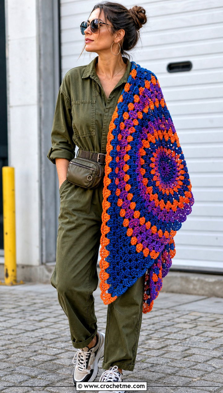 Granny Stitch Mandala Yarn Crochet Shawl With Utility Jumpsuit - 20 Mandala Yarn Crochet Shawl outfit ideas