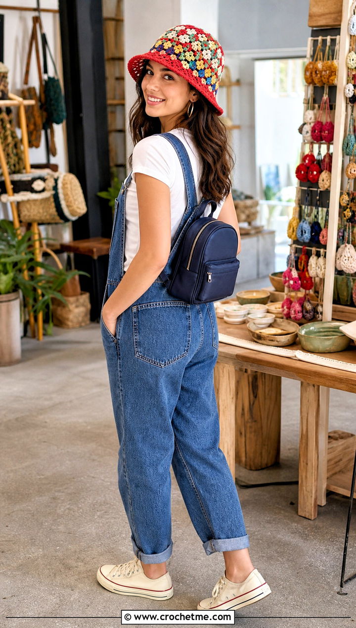 Granny Stitch Mesh Hat With Denim Overalls - 35 crochet mesh hat outfit ideas