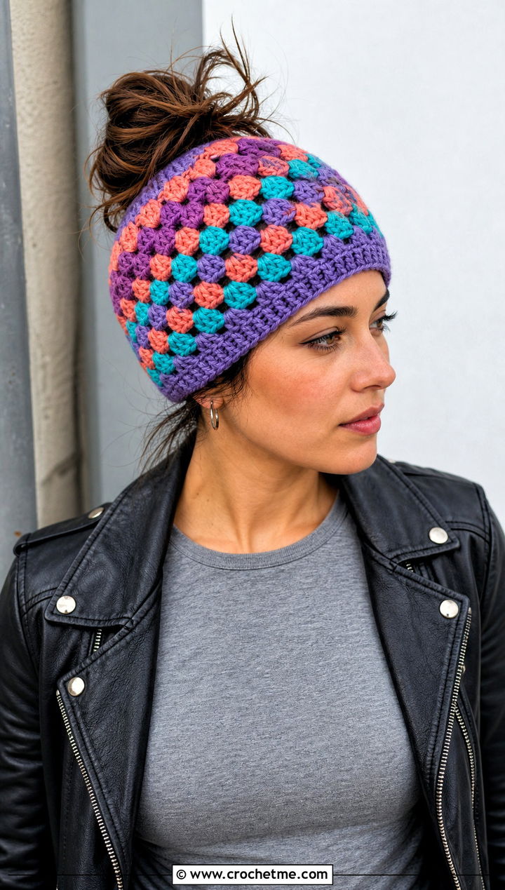 Granny Stitch Messy Bun Crochet Hat With Leather Jacket - 25 messy bun crochet hat with hair tie outfit ideas