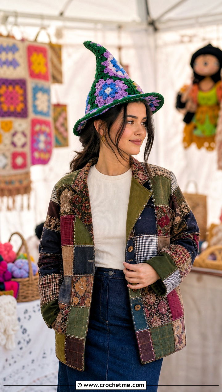 Granny Stitch Mini Crochet Witch Hat With Patchwork Jacket - 25 Mini Crochet Witch Hat outfit ideas