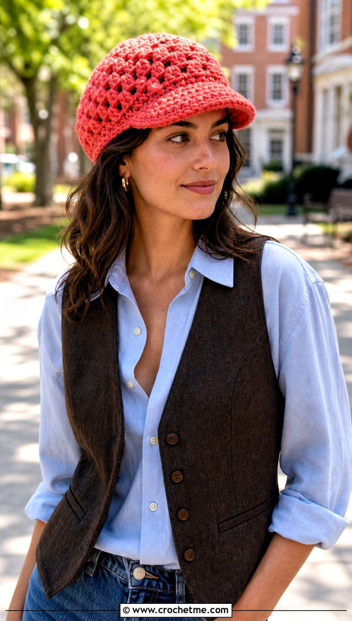 Granny Stitch Newsboy Hat With Vest And Relaxed Jeans - 30 crochet granny stitch hat outfit ideas