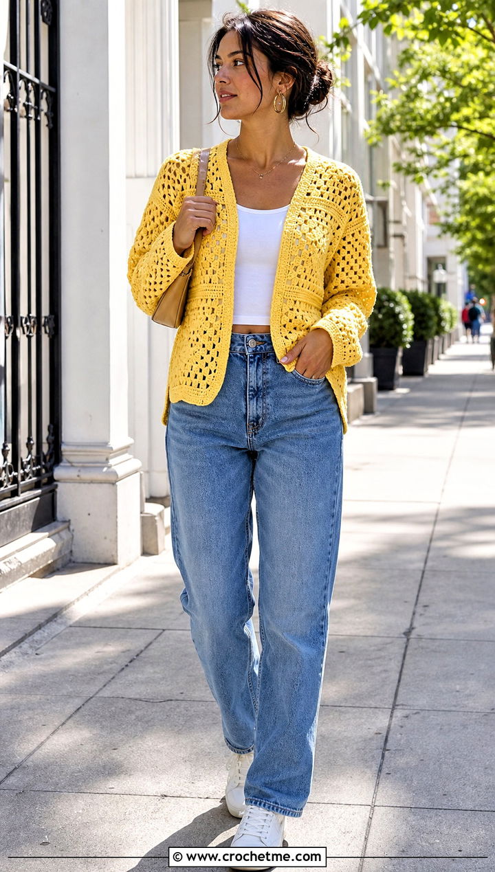 Granny Stitch Octagon Crochet Cardigan With Straight Jeans - 25 Octagon Crochet Cardigan outfit ideas