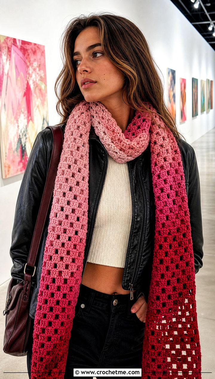 Granny Stitch Ombre Crochet Scarf With Leather Jacket - 25 Ombre Crochet Scarf outfit ideas