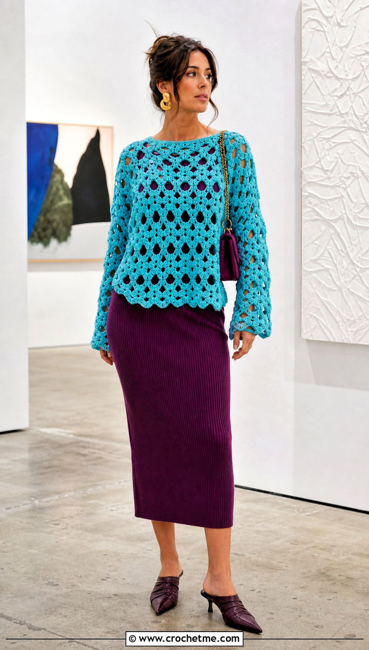 Granny Stitch Openwork Top With Ribbed Dress - 35 crochet granny stitch top outfit ideas