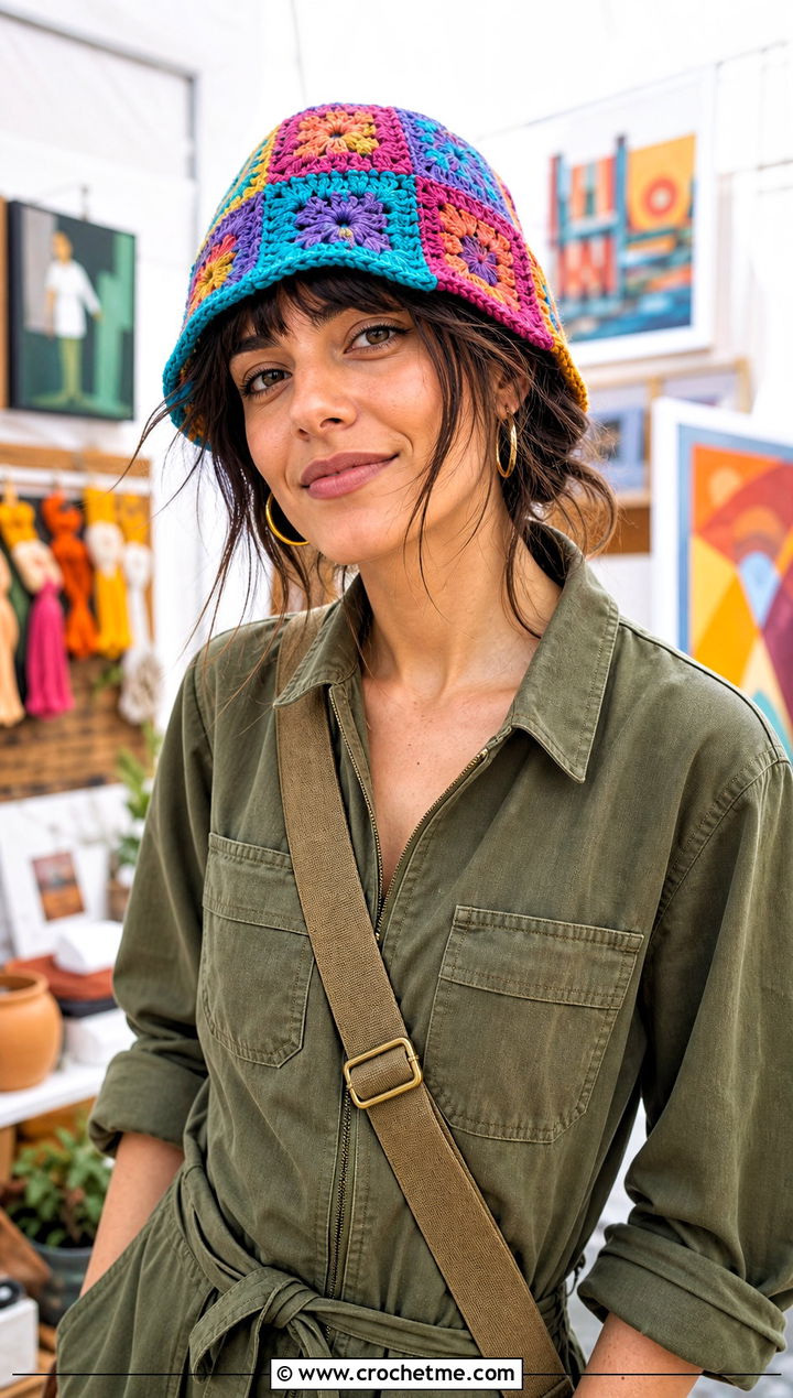 Granny Stitch Patchwork Hat With Utility Jumpsuit - 25 granny stitch crochet hat outfit ideas
