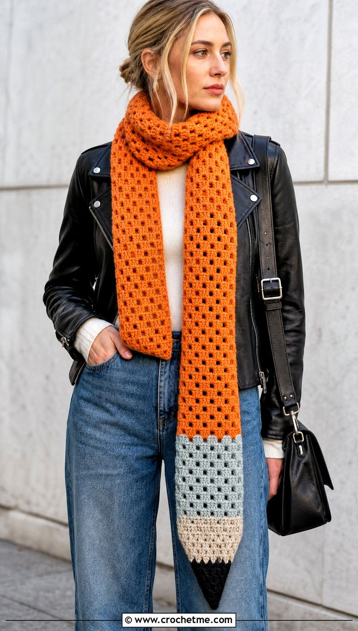 Granny Stitch Pencil Crochet Scarf With Leather Jacket - 30 Pencil Crochet Scarf outfit ideas