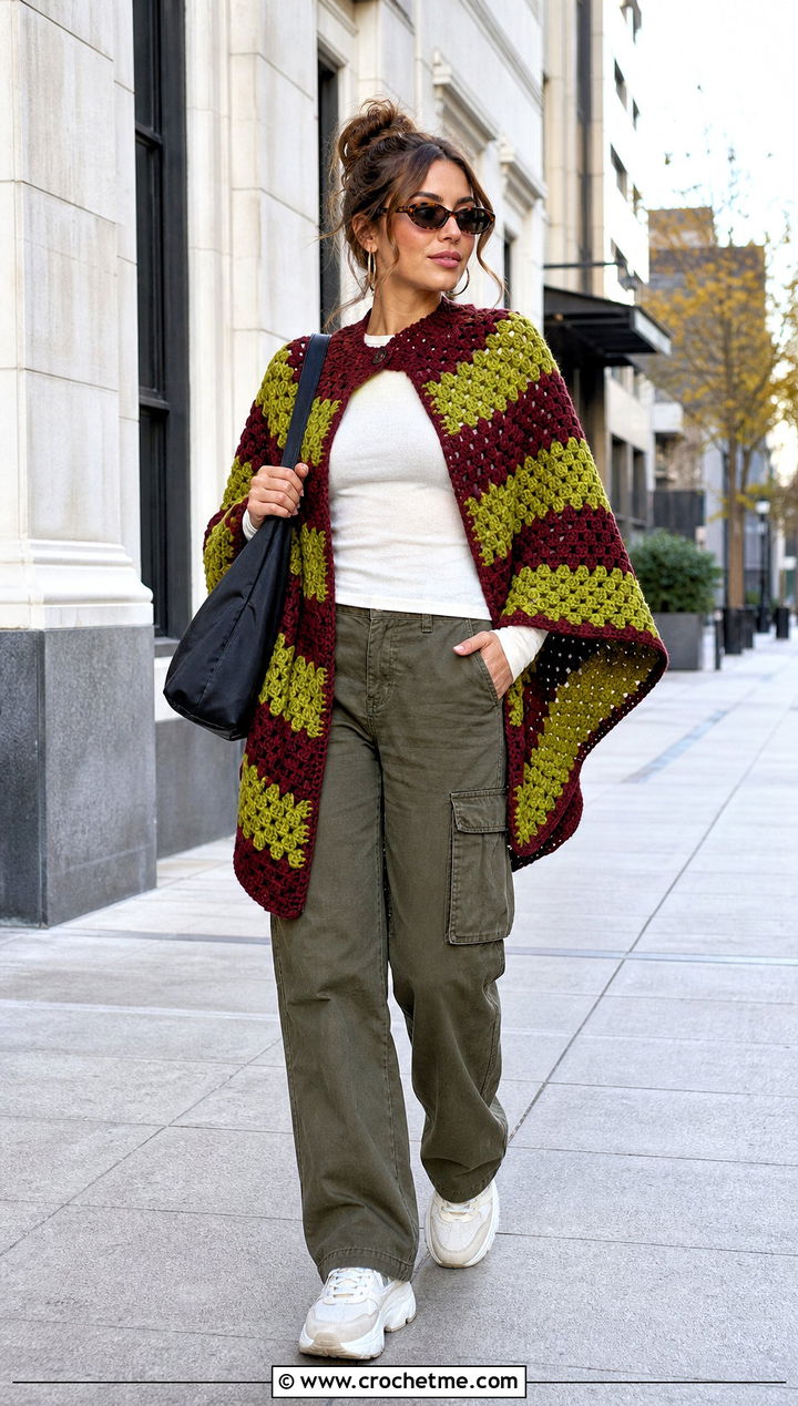 Granny Stitch Poncho Cape With Cargo Pants - 15 diy crochet cape outfit ideas