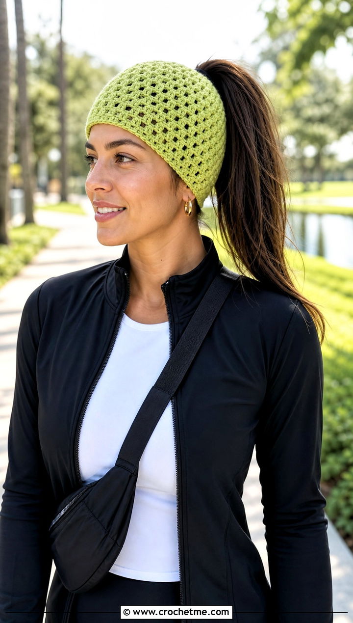 Granny Stitch Ponytail Beanie With Athleisure - 25 granny stitch crochet hat outfit ideas