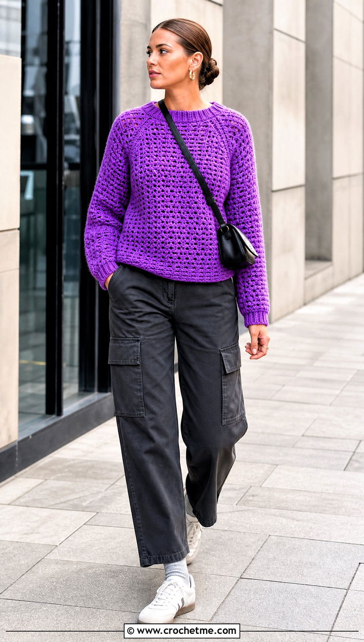 Granny Stitch Raglan Crochet Crewneck Sweater With Cargo Pants - 30 crochet crewneck sweater outfit ideas