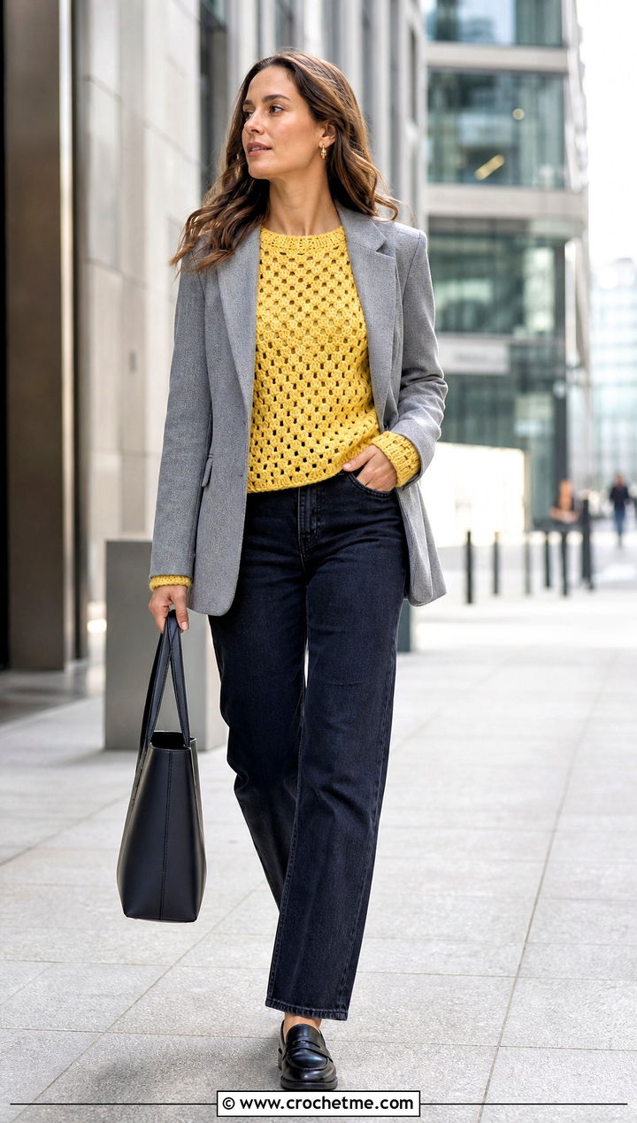 Granny Stitch Raglan Sweater With Blazer And Jeans - 20 Crochet Granny Raglan Sweater outfit ideas