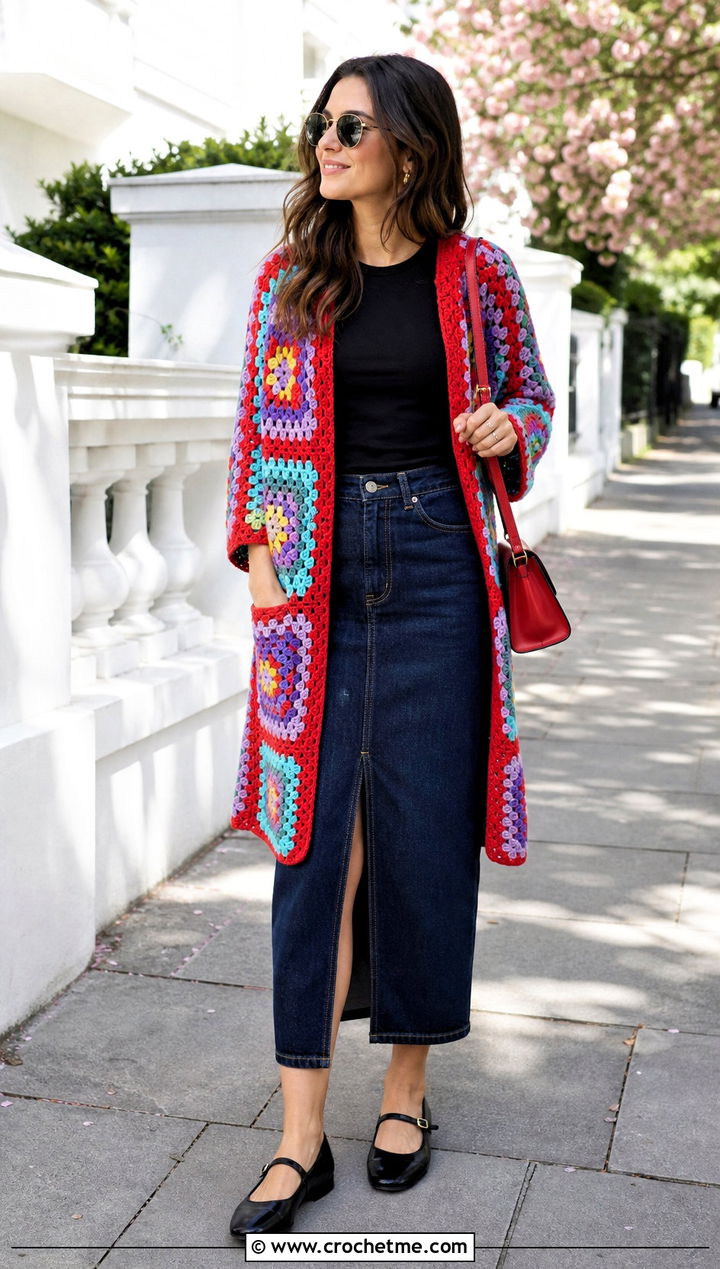 Granny Stitch Rectangle Cardigan With Denim Midi Skirt - 15 Crochet Rectangle Cardigan outfit ideas