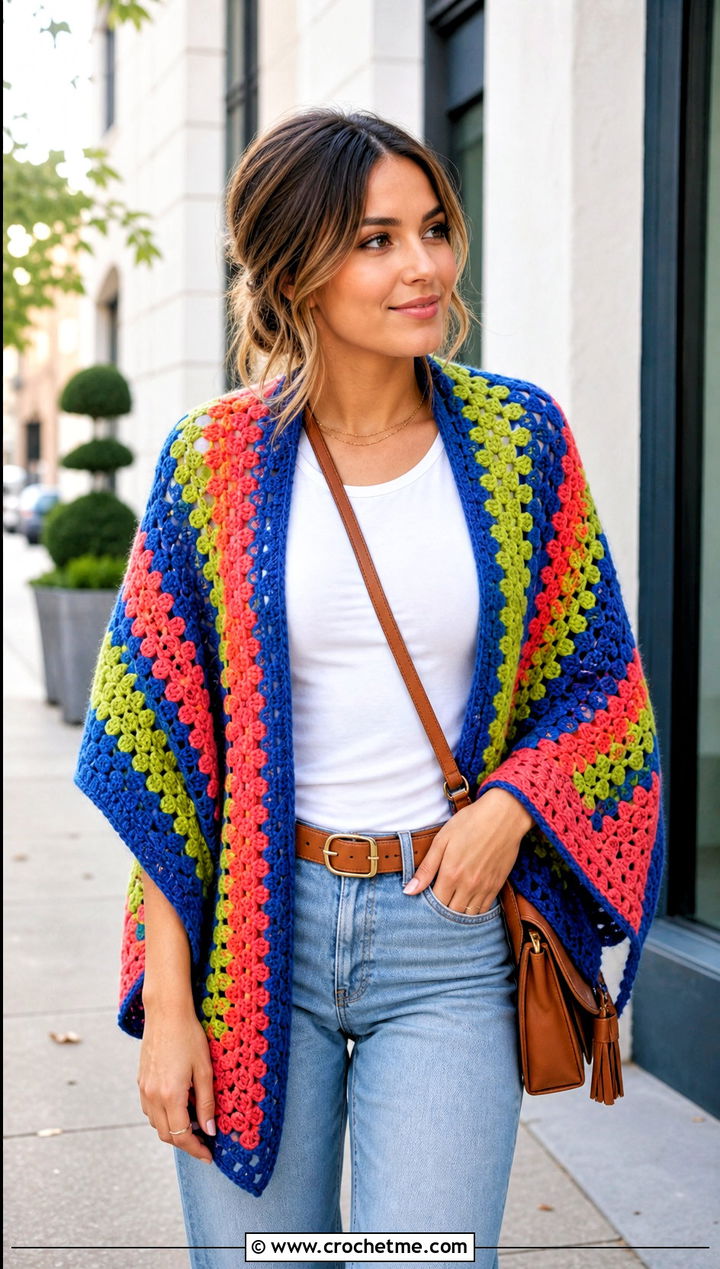 Granny Stitch Rectangle Crochet Shawl With Jeans - 20 Rectangle Crochet Shawls outfit ideas