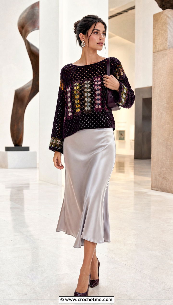 Granny Stitch Rectangle Sweater With Satin Midi Skirt - 15 Crochet Sweater From Rectangle outfit ideas