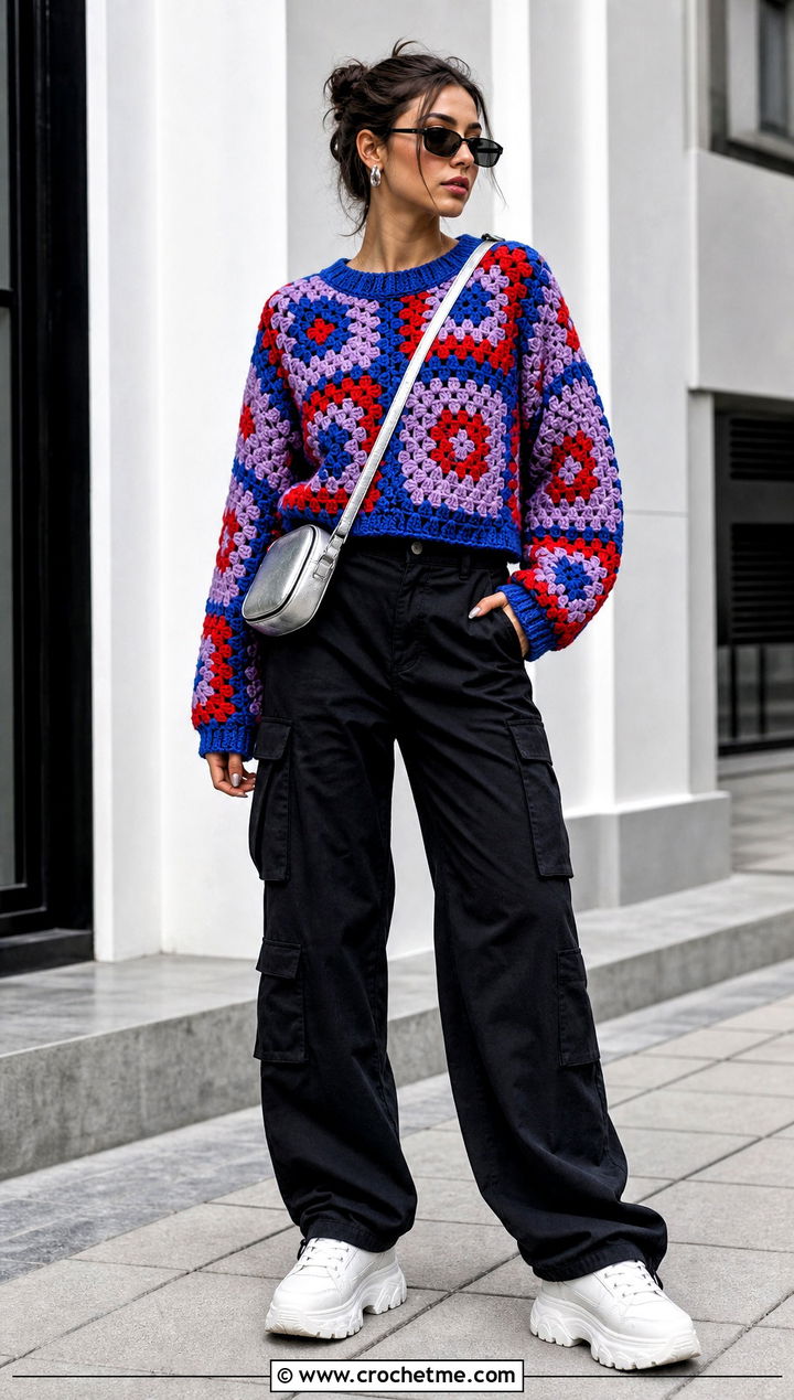 Granny Stitch Round Neck Crochet Sweater With Cargo Pants - 15 crochet round sweater outfit ideas