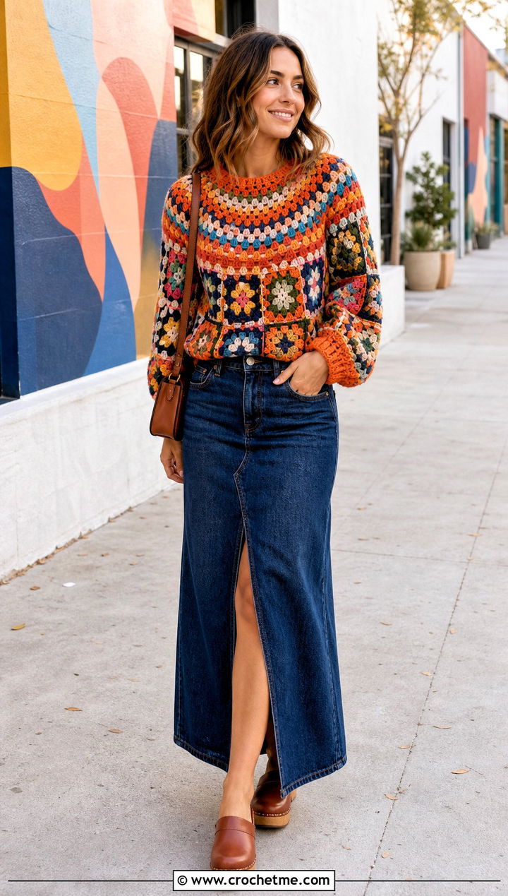 Granny Stitch Round Yoke Crochet Sweater With Denim Maxi Skirt - 20 Round Yoke Crochet Sweater outfit ideas