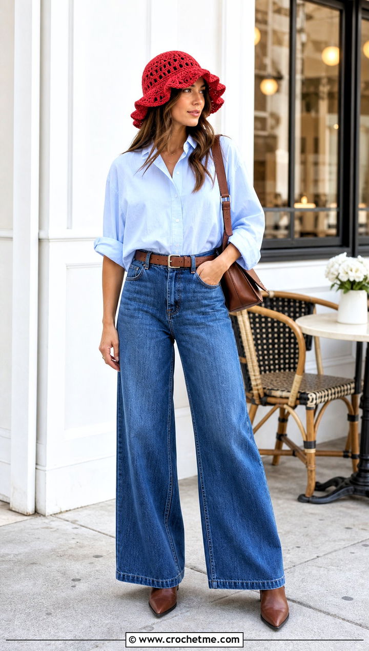 Granny Stitch Ruffle Hat With Button Down Shirt And Wide Leg Jeans - 35 ruffled crochet hat outfit ideas