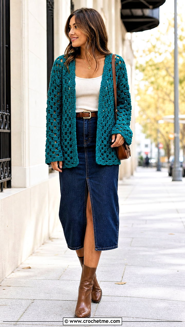 Granny Stitch Sally Cardigan With Denim Midi Skirt - 20 Crochet Sally Cardigan outfit ideas