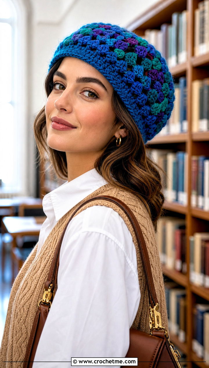 Granny Stitch Scrap Yarn Crochet Beanie With Preppy Outfit - 30 scrap yarn crochet beanie outfit ideas
