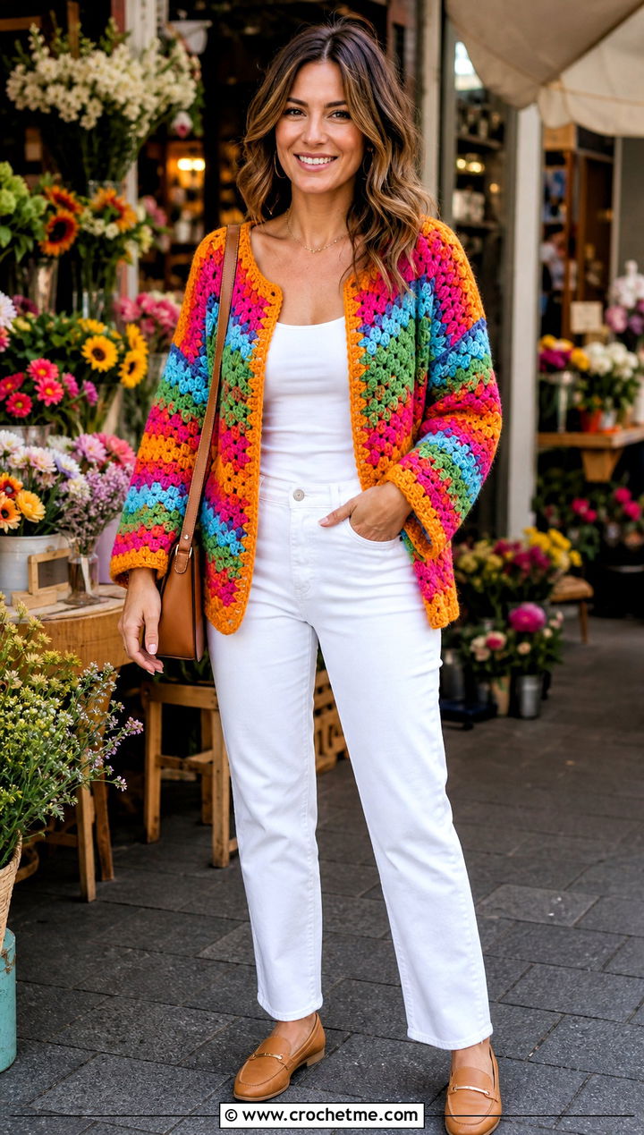 Granny Stitch Seamless Crochet Cardigan With White Jeans - 25 Crochet Seamless Cardigan outfit ideas