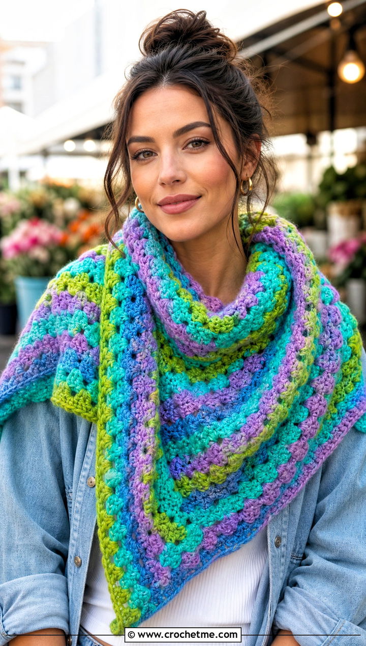 Granny Stitch Shawl With Denim Jacket - 25 Crochet Shawl In A Cake outfit ideas
