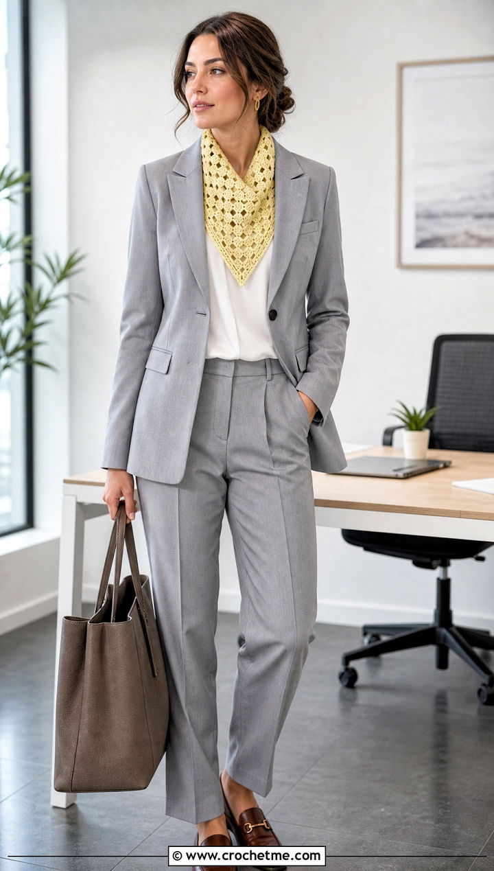 Granny Stitch Shawlette With Blazer And Trousers - 30 granny square triangle shawl outfit ideas