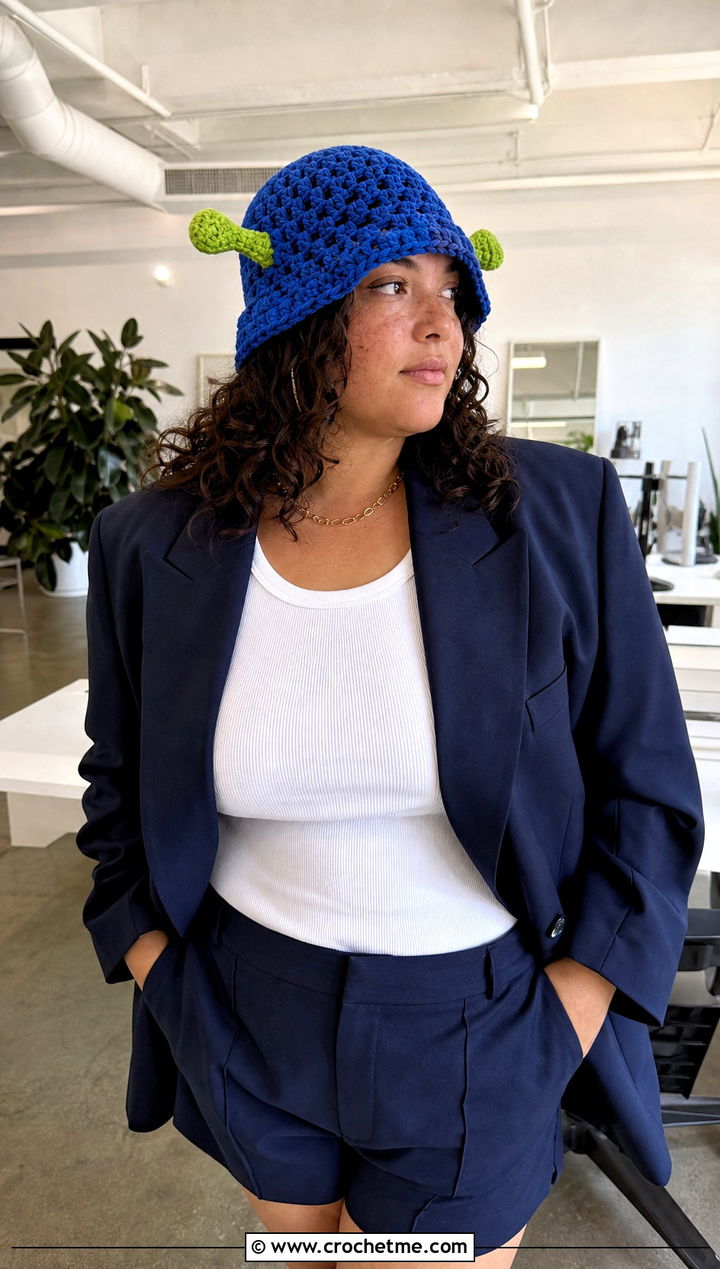 Granny Stitch Shrek Crochet Bucket Hat With Blazer And Shorts - 25 shrek crochet bucket hat outfit ideas
