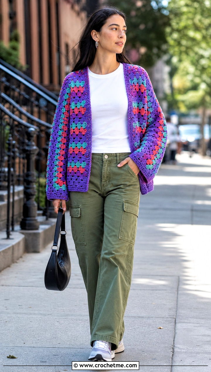 Granny Stitch Side To Side Crochet Cardigan With Cargo Pants - 25 Side To Side Crochet Cardigan outfit ideas
