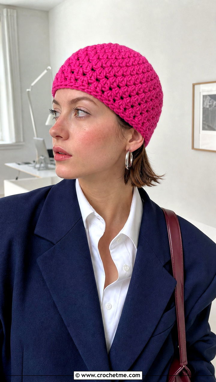 Granny Stitch Skullcap With Blazer And Jeans - 20 Granny Crochet Hat outfit ideas