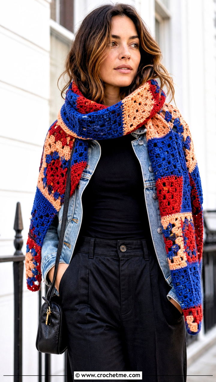 Granny Stitch Sleeve Scarf With Denim Jacket - 25 crochet double sleeve scarf outfit ideas