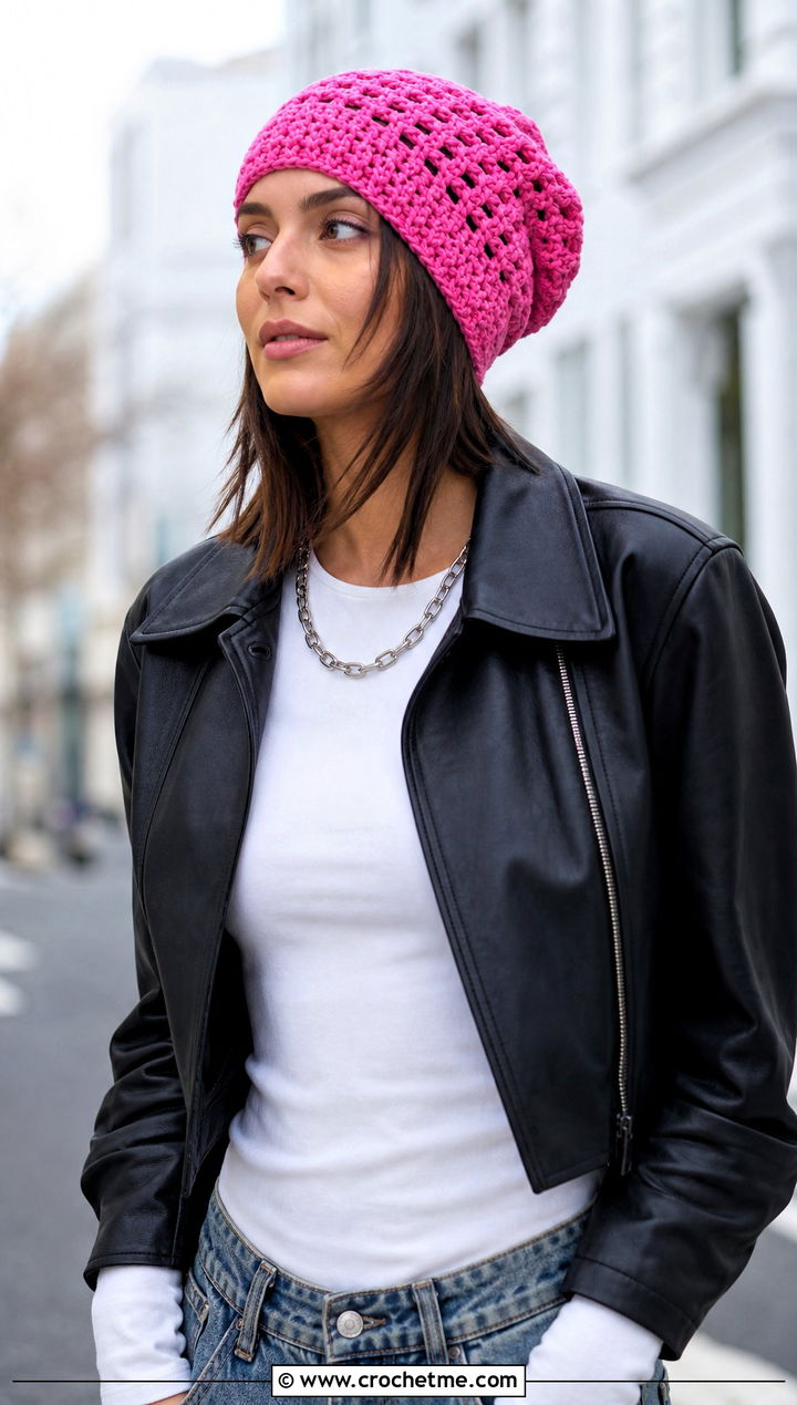 Granny Stitch Slouchy Beanie With Leather Jacket - 25 granny stitch crochet hat outfit ideas