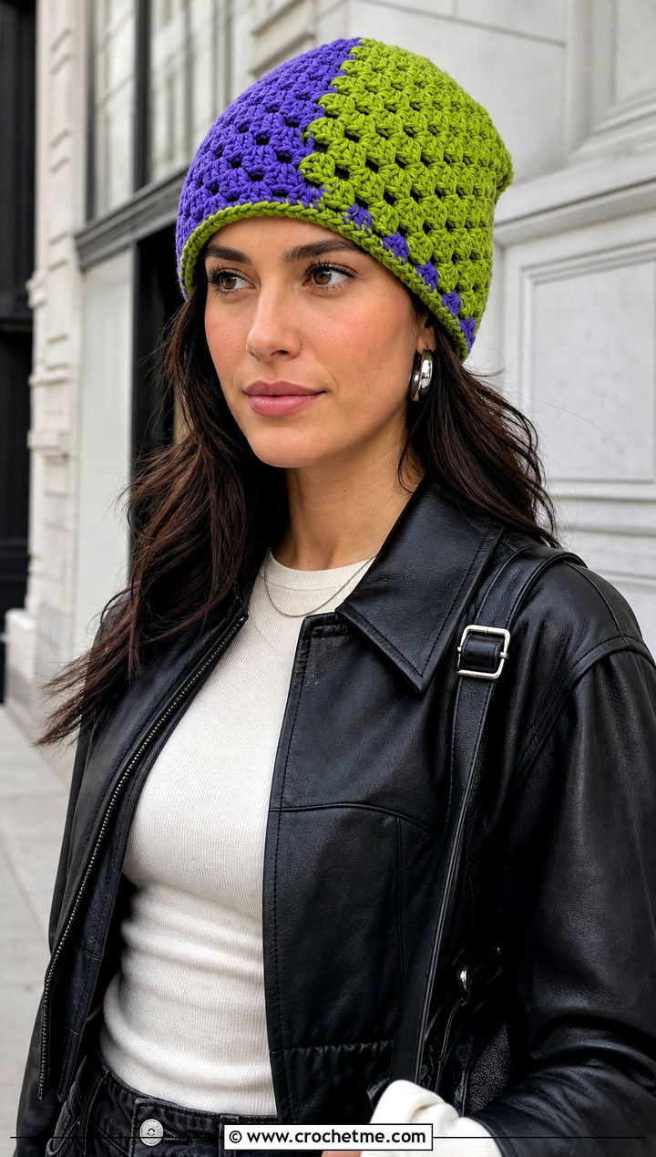 Granny Stitch Split Color Crochet Beanie With Leather Jacket - 15 Split Color Crochet Beanie outfit ideas