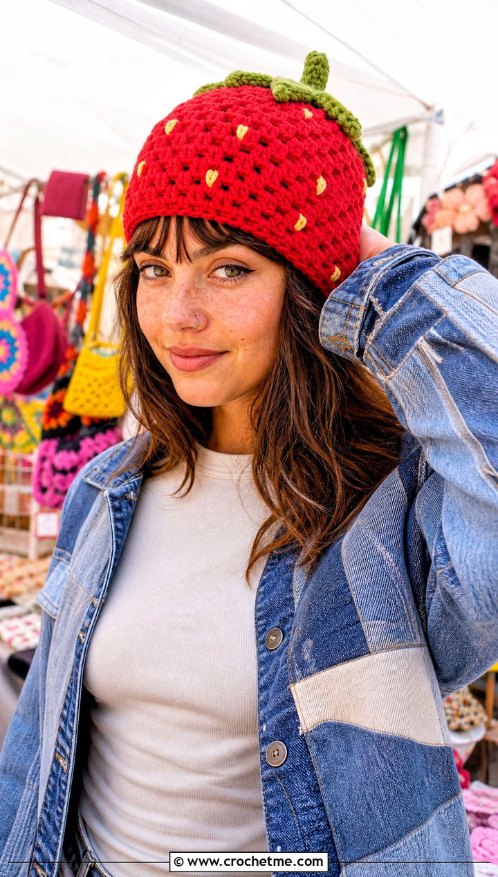 Granny Stitch Strawberry Beanie With Patchwork Denim - 30 Crochet Strawberry Beanie outfit ideas