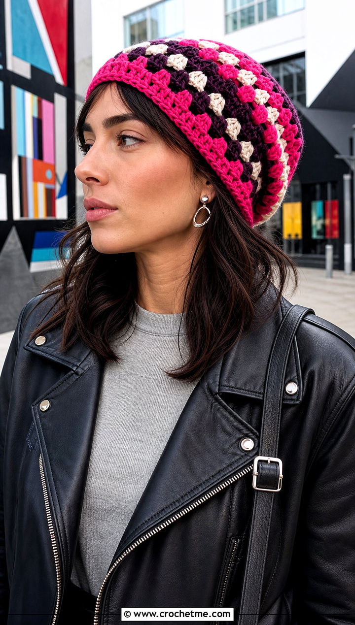 Granny Stitch Stripe Slouchy Crochet Beanie With Leather Jacket - 15 Striped Slouchy Crochet Beanie outfit ideas