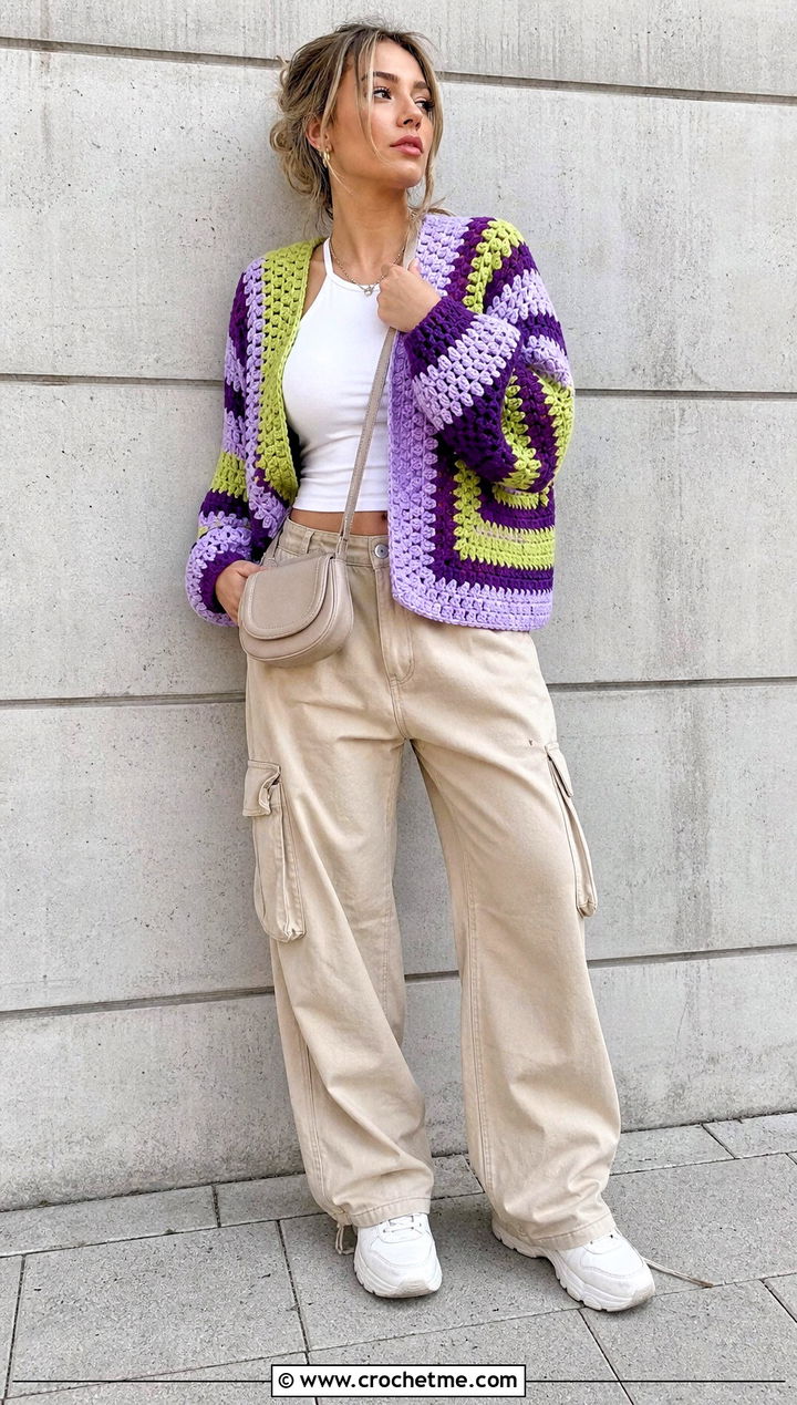Granny Stitch Striped Crochet Sweater With Cargo Pants - 30 striped crochet sweater outfit ideas