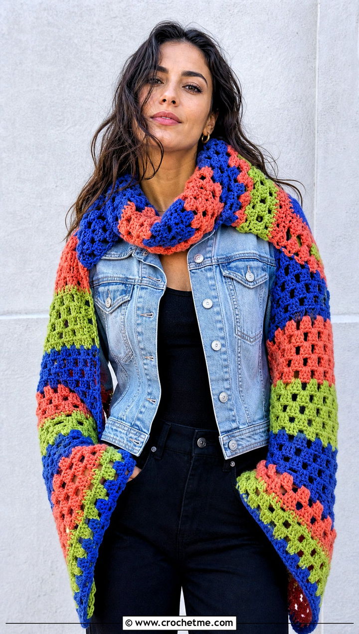 Granny Stitch Sweater Scarf With Denim Jacket - 15 Crocheted Sweater Scarf With Sleeves outfit ideas