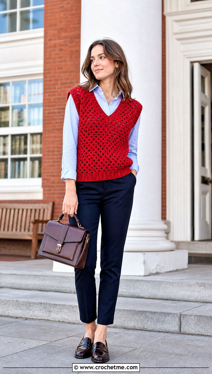 Granny Stitch Sweater Vest With Button Down Shirt - 35 crochet granny stitch top outfit ideas